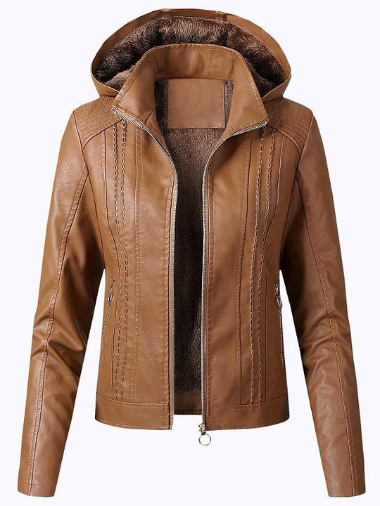 Chic Detachable Hood Lamb Lined Zipper-up Sheepskin Jacket