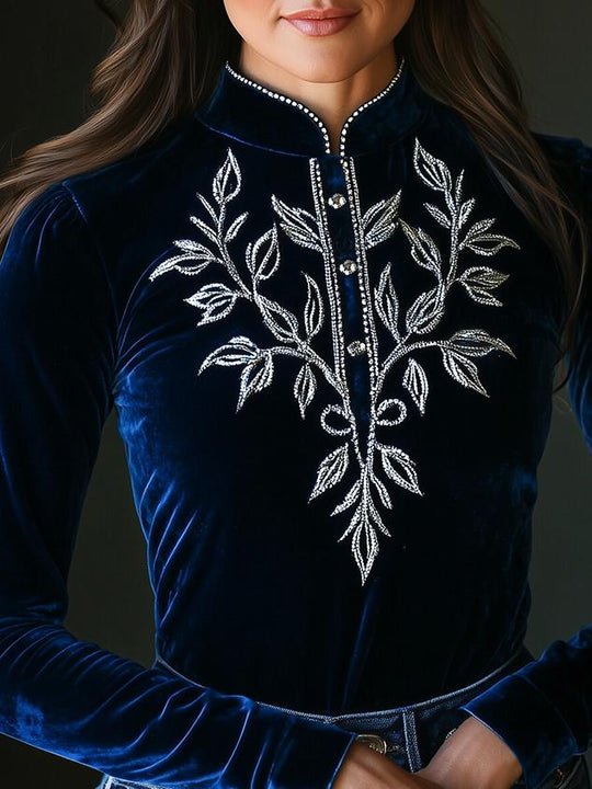 Chic Stand Collar Silver Leaves Embroidery Velvet Top