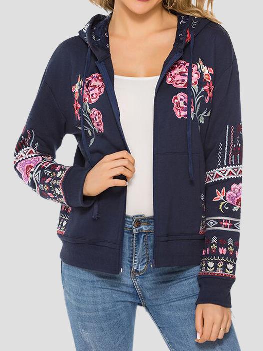 Stylish Floral Embroidered Hooded Sweatshirt Jacket