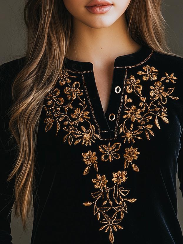 Vintage Henley Collar Golden Embroidery Velvet T-shirt