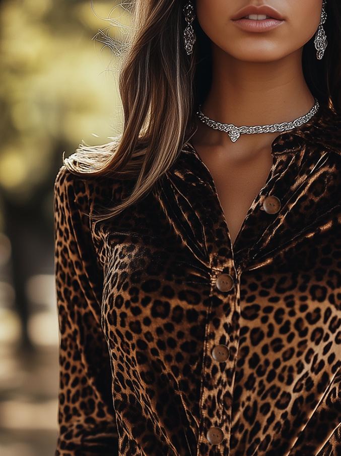 Stylish Single-breasted Leopard Pattern Velvet Shirt