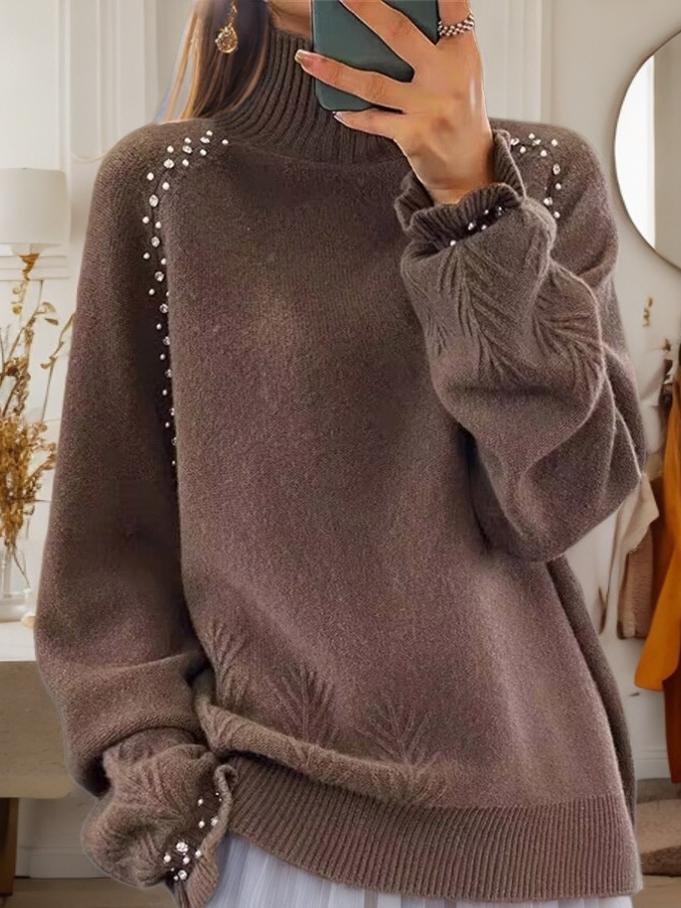 Elegant Turtle-neck Embellished Jacquard Knitted Pullover Sweater