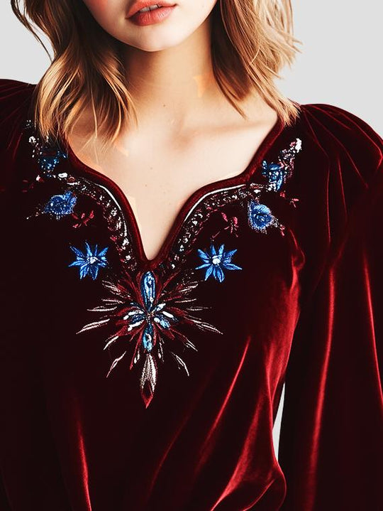 Boho Handmade Embroidery Petal Cuffs Velvet Blouse