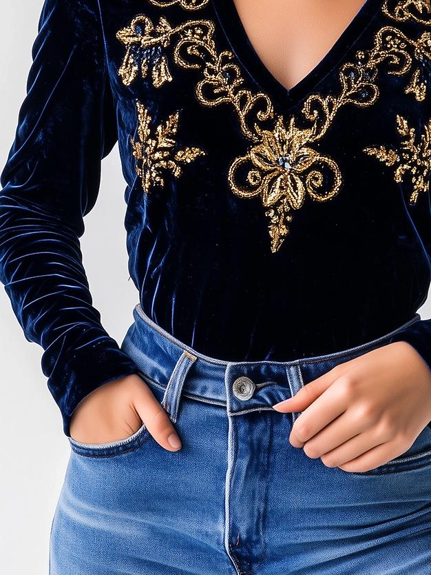 Women's Stylish V-neck Golden Embroidery Velvet Top