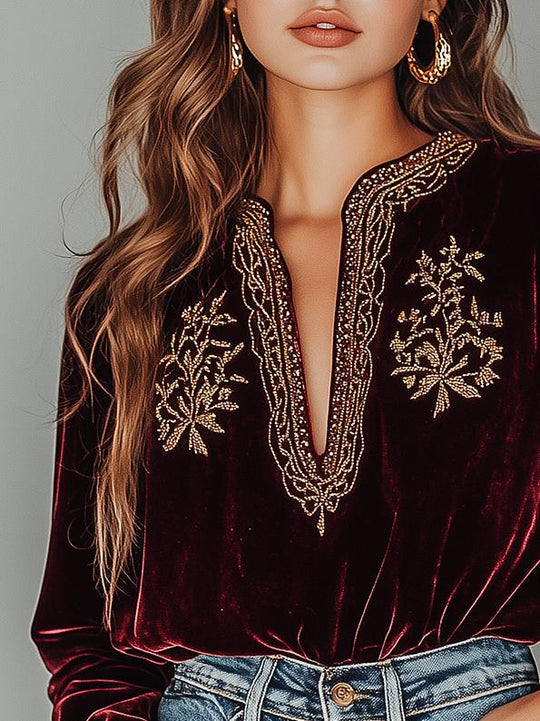 Boho V-neck Golden Embroidery Long Sleeves Velvet Top