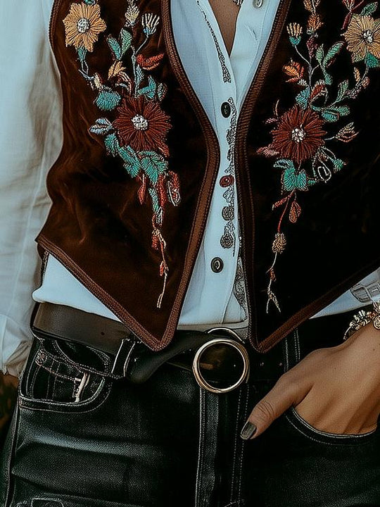 Western Style Flower Embroidery Suede Waistcoat