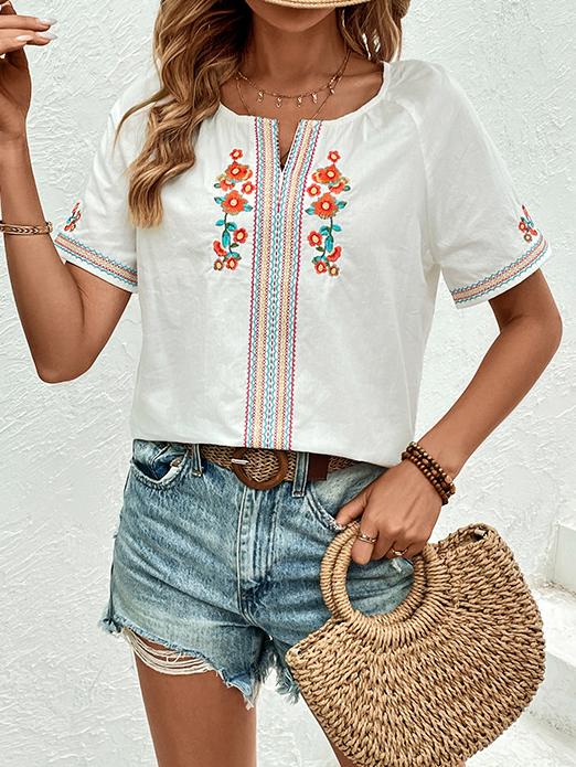 Elegant V-neck Short Sleeves Embroidered Blouse