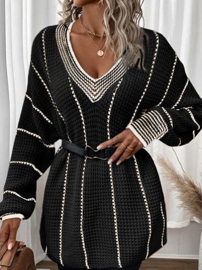 Stylish V-neck Mid-length Knit Striped Loose Sweater