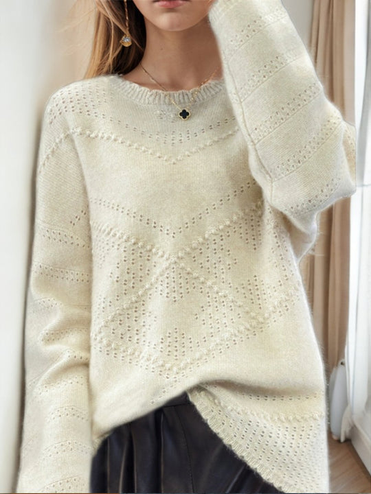 Solid Color Long Sleeve Hollow Jacquard Round Neck Knitted Sweater