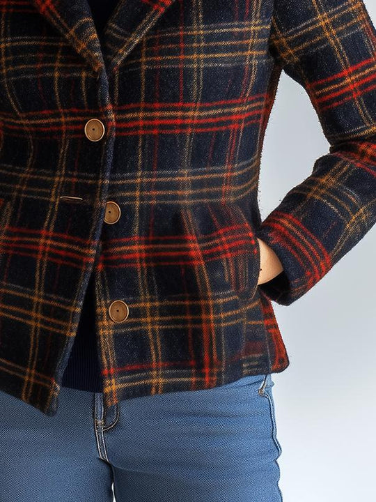 Retro Plaid Pattern Pockets Woolen Short Jacket