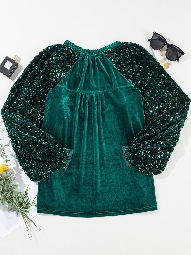 Stylish V-neck Sequine Sleeves Patchwork Velvet Top