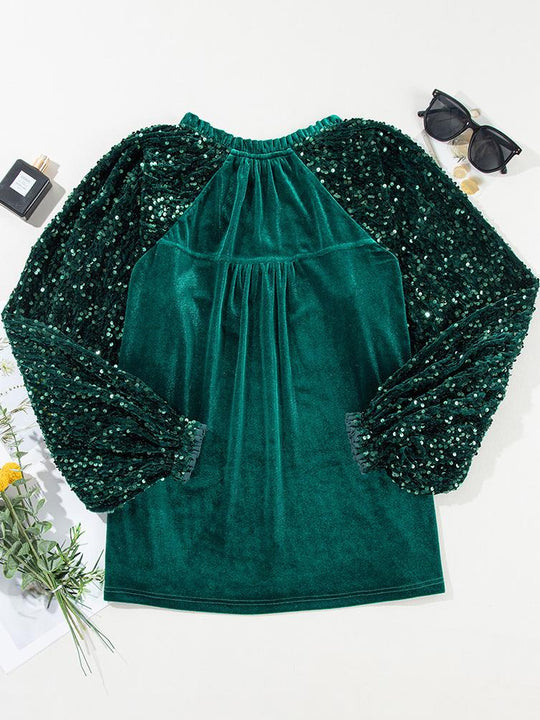 Stylish V-neck Sequine Sleeves Patchwork Velvet Top