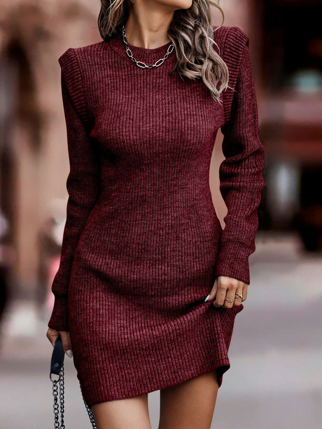 Elegant Ribbing-knit Solid Color Sweater Dress