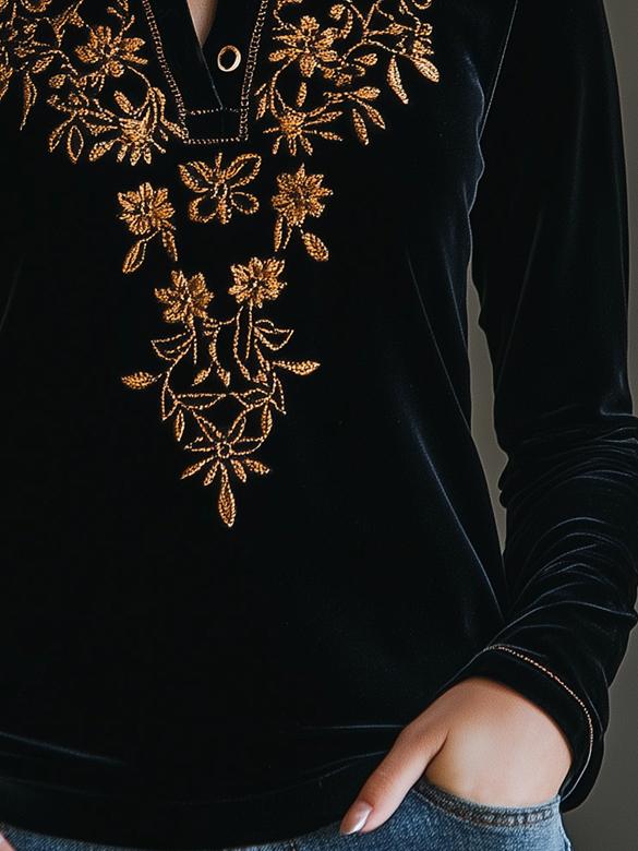 Vintage Henley Collar Golden Embroidery Velvet T-shirt