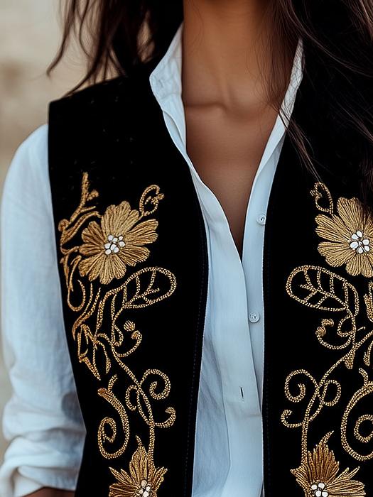 Bohemian Golden Floral Embroidery Suede Waistcoat