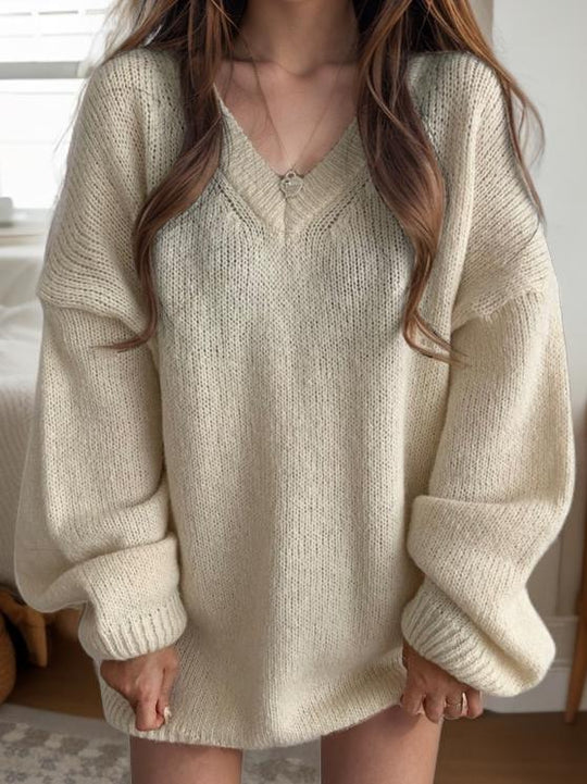 Solid Color V-Neck Loose-fitting Pullover Knit Sweater