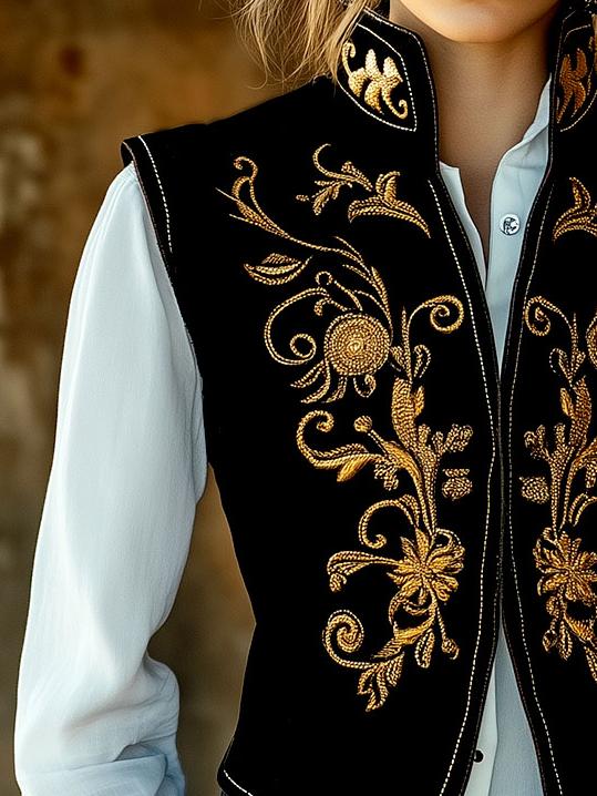 Vintage Golden Embroidery Waist-cinched Suede Waistcoat