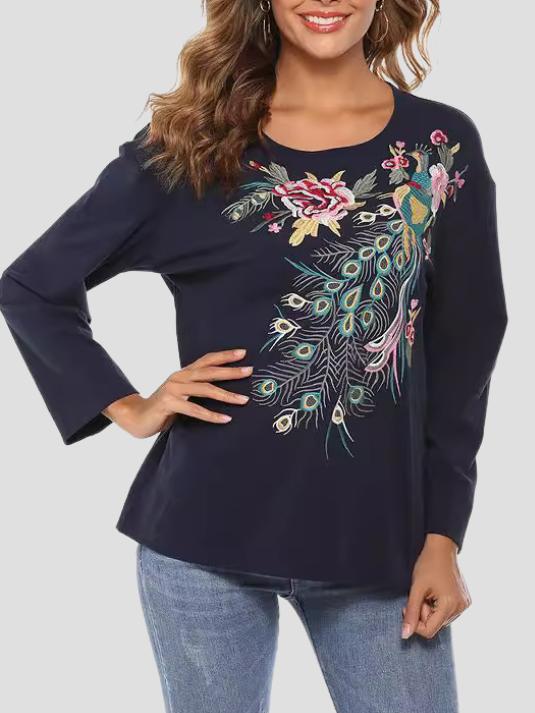 Elegant Peacock and Floral Embroidered T-shirt