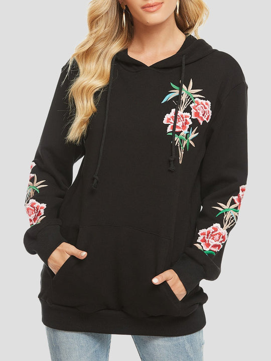 Elegant Floral Embroidered Mid-length Hoodie