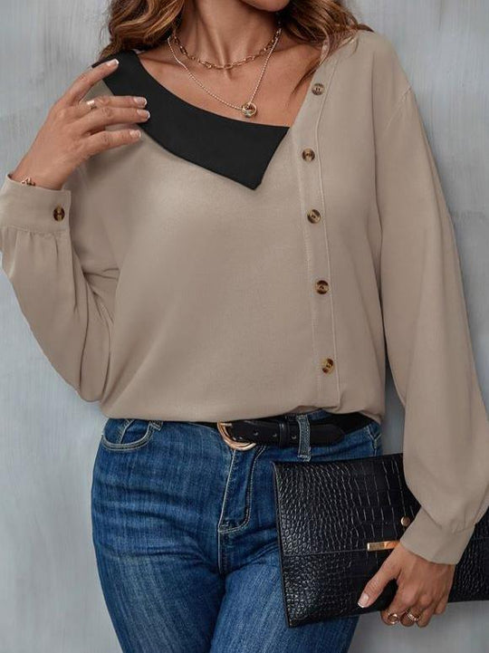 Chic Diagonal V-neck Contrasting Color Blouse