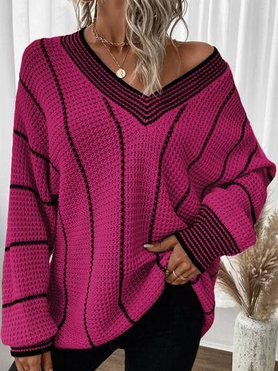 Stylish V-neck Mid-length Knit Striped Loose Sweater