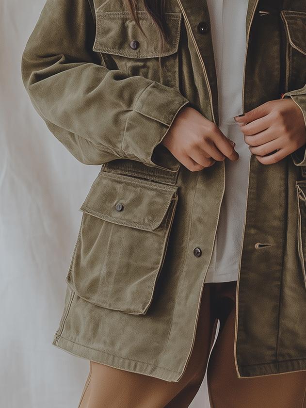 Outerdoor Multiple-pockets Button Down Suede Trench Coat