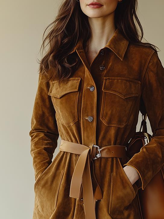 Chic Lapel Multiple-pocket Suede Shirt Dress