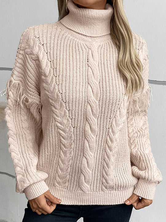 Fringed Cable Collar Long Sleeve Sweater