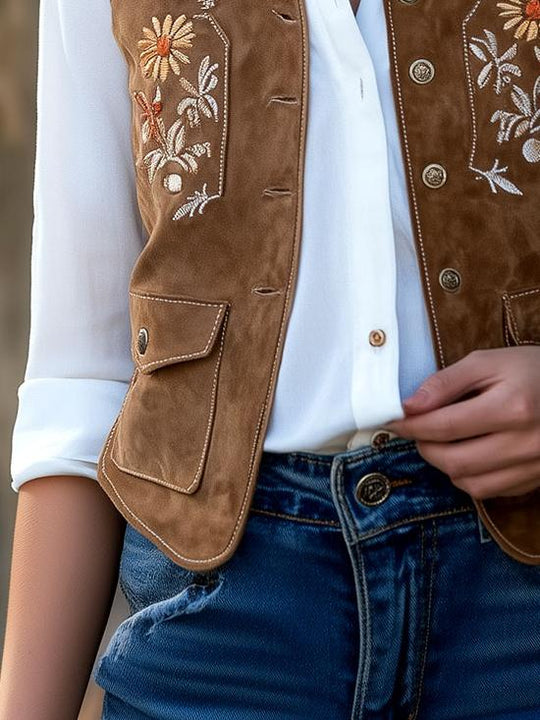 Retro Daisy Embroidery Pockets with Flap Suede Vest