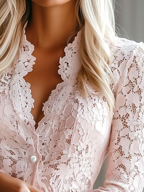 Women V-neck Pearl Buttons Long Sleeve Lace Shirt