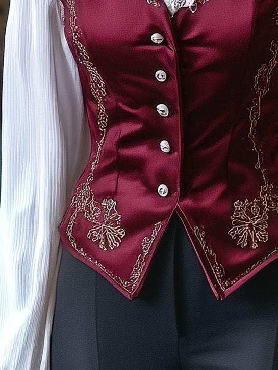 Retro Simple Embroidery Button Down Satin Waistcoat