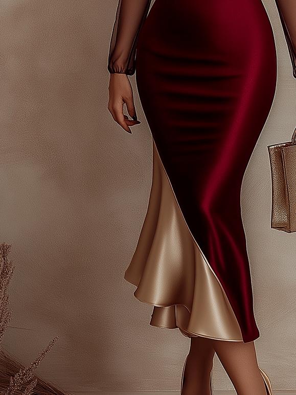 Elegant Color Patchwork Sheer Sleeve Satin Midi Dress