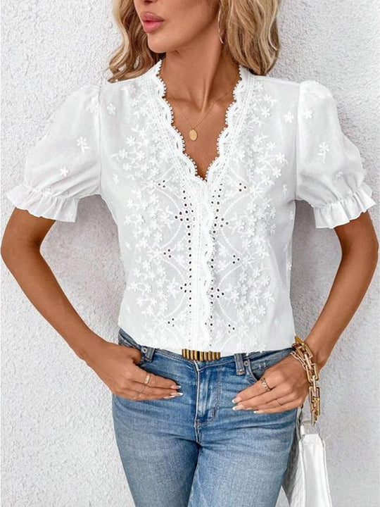 Hollow Embroidered Ruffle Sleeve Short Sleeve T-Shirt