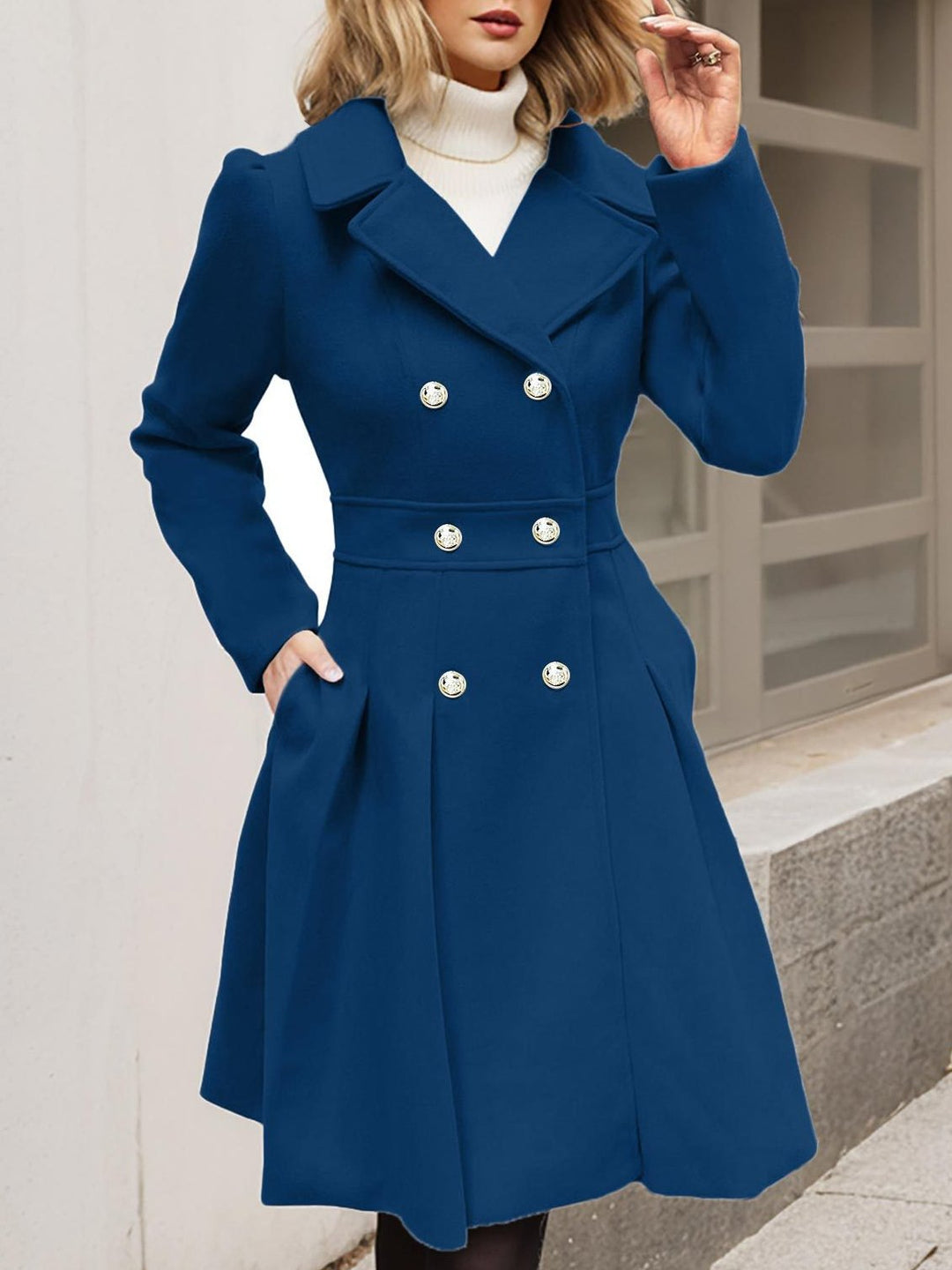 Stylish Suit Collar Solid Color Woolen Coat