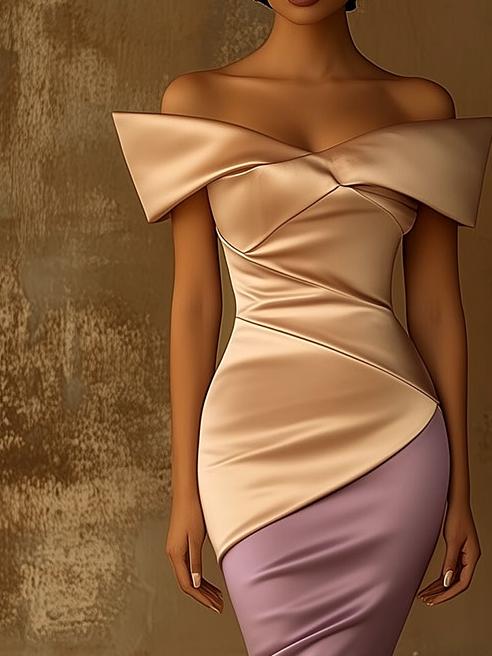 Elegant Off-shoulder Color-blocking Slit Satin Midi Dress