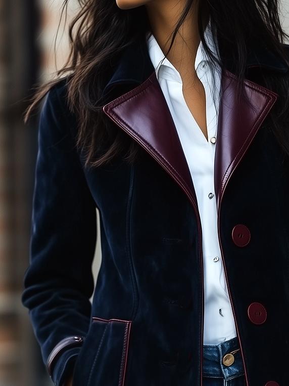 Retro Constract Leather Trim Suede Long Jacket