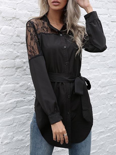 Elegant Lace Patchwork Stand Color Long Sleeves Shirt