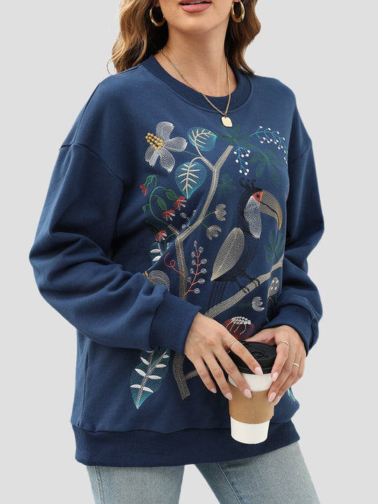 Floral and Bird Embroidered Ribbed Loose-Fitting Sweatshirt