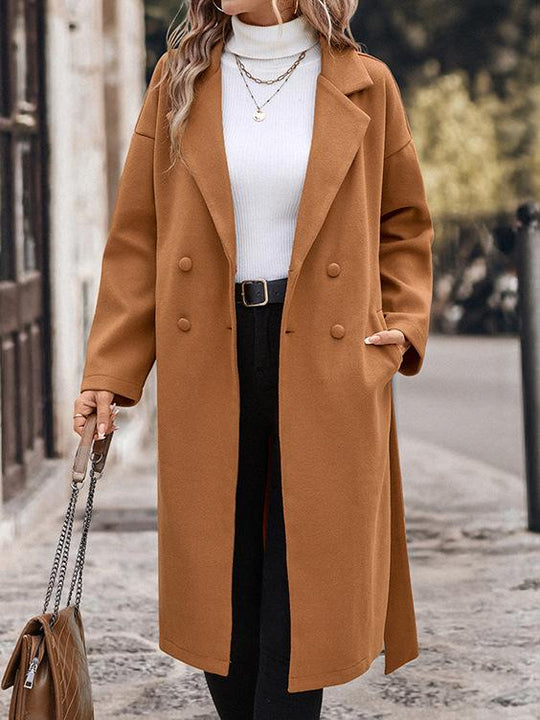 Elegant Belted Waist Mid-length Woolen Coat