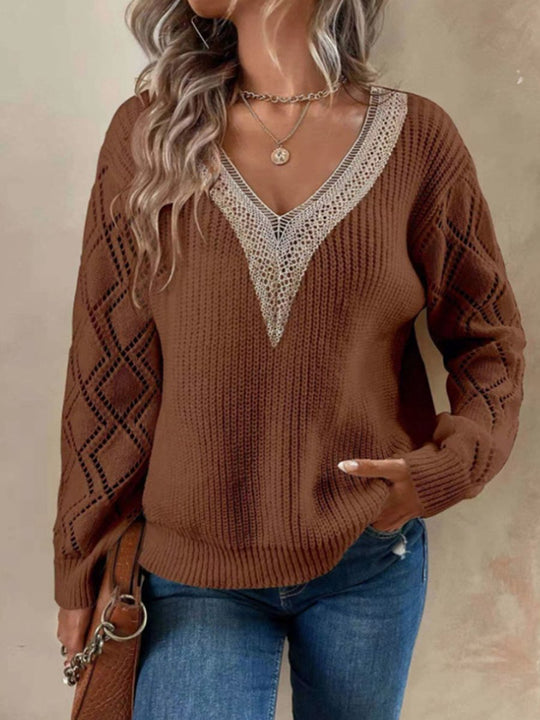 V-Neck Lace Trim Casual Knitted Sweater