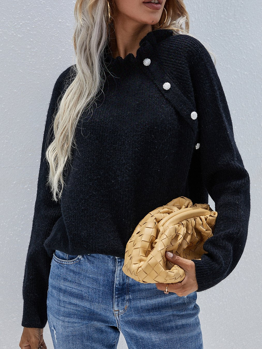 Elegant Ruffled Neck Knit Ribbed Texture Pullover Sweater