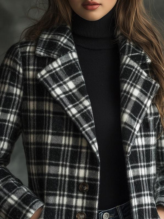 Classic Black and White Plaid Pattern Woolen Trench Coat