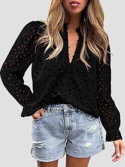 Elegant Half-open Hollow-out Lace Puff Sleeves Blouse