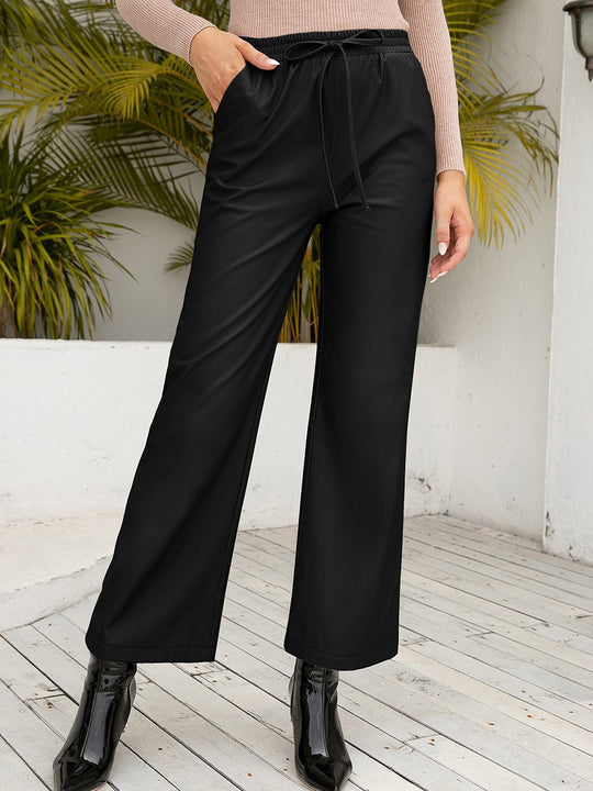 Chic Drawstring High-waisted Loose Straight-leg Leather Pants