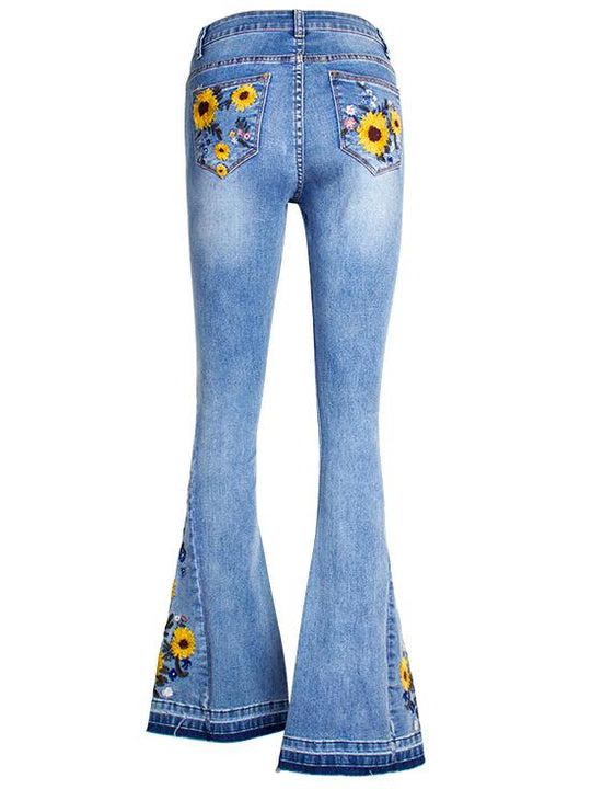 Handmade 3D Embroidered Floral Flare Jeans