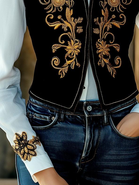 Vintage Golden Embroidery Waist-cinched Suede Waistcoat