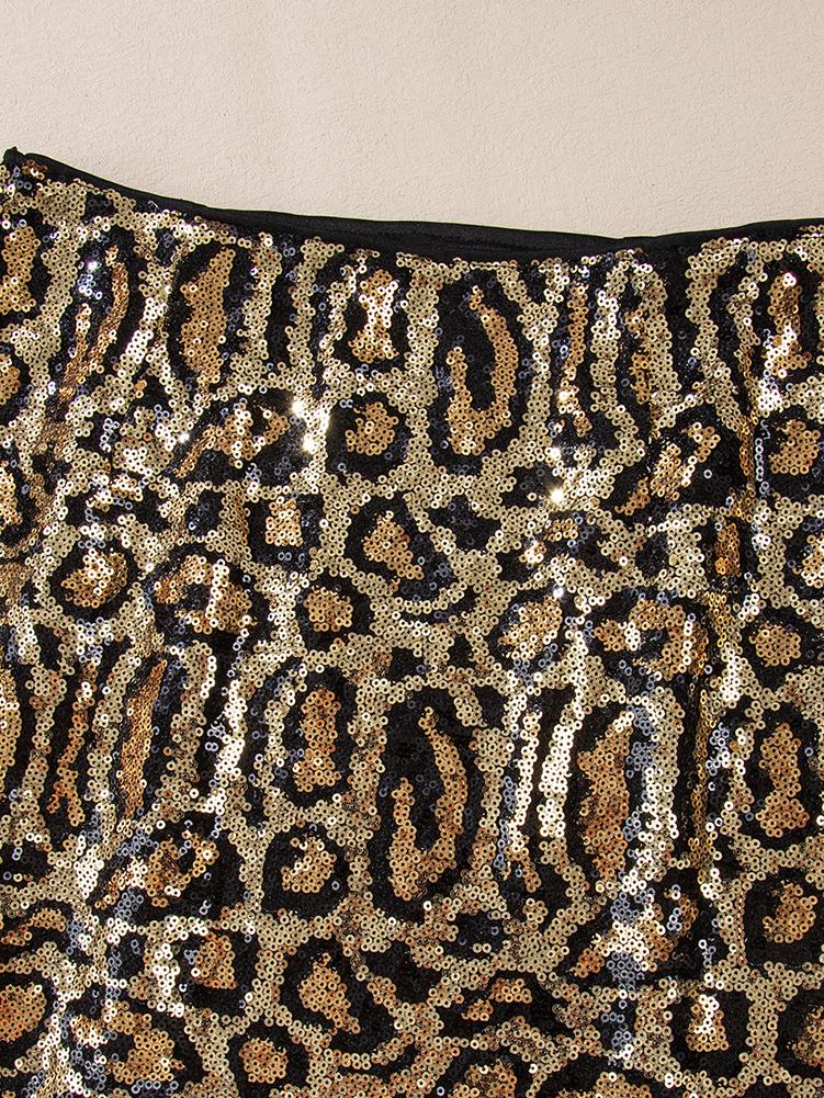 Chic Leopard Pattern Sequin Bodycon Mini Skirt