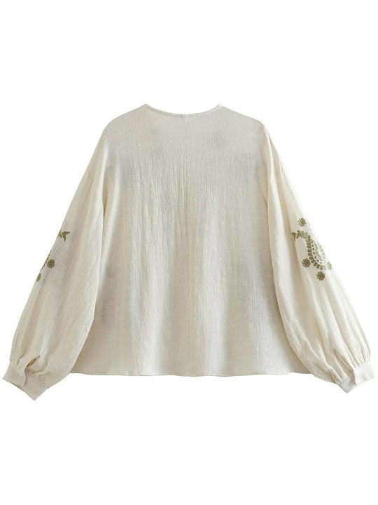 V-Neck Embroidered Loose Long-Sleeved Shirt