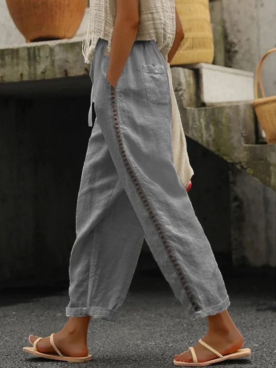 Lace Panel Cotton Linen Trousers