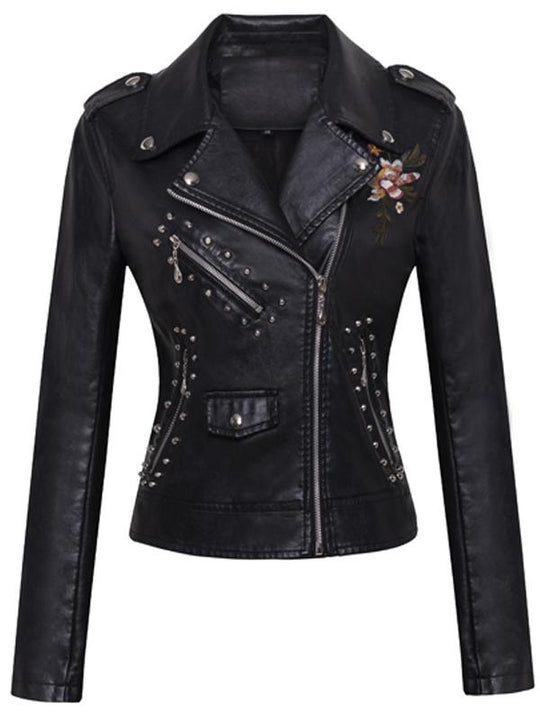 Stylish Embroidered and Rivet Leather Jacket